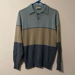 Mens Vintage Polo Sweater Color Block Blue Tan